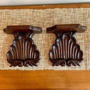 Vintage Solid Wood Ornate Carved Shell Hanging Display Sconce Shelf Set of 2
